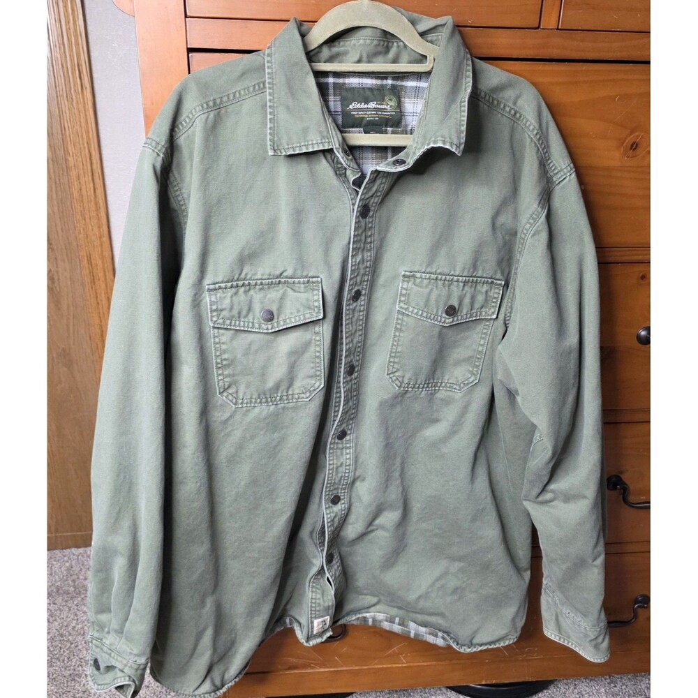 Eddie Bauer Shirt Jacket Size XXL Olive Green Snap Front Outdoor Military